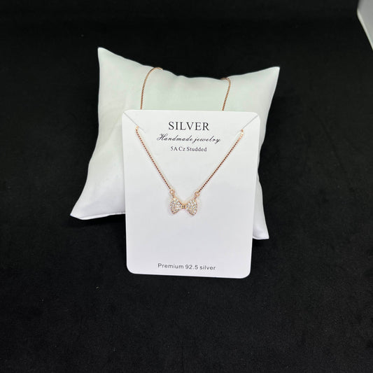 Women’s Bow Pendant 925 Sterling Silver Chain – CZ Studded Rose-Gold Elegance