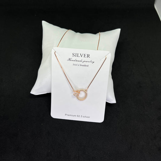 Women’s Circle & Bow Pendant 925 Sterling Silver Chain – CZ Studded Rose-Gold Elegance
