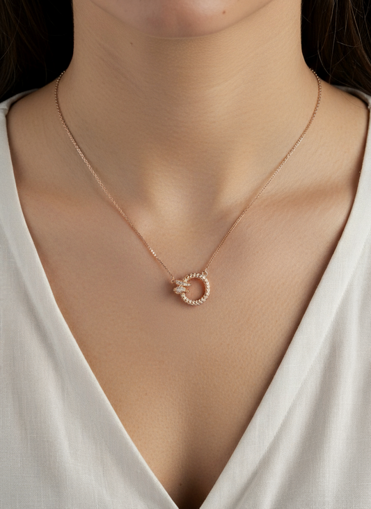 Women’s Circle & Bow Pendant 925 Sterling Silver Chain – CZ Studded Rose-Gold Elegance