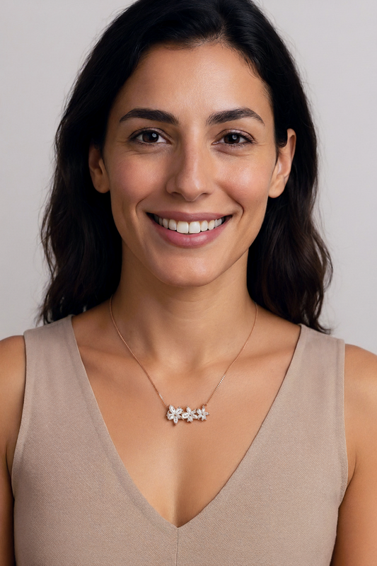 Women’s Floral Cluster Pendant 925 Sterling Silver Chain – Rose-Gold CZ Elegance