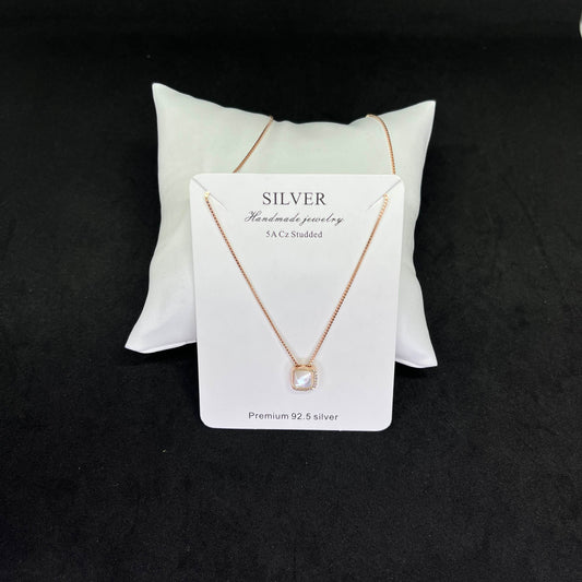 Women’s Square Halo Pendant 925 Sterling Silver Chain – Rose-Gold Pearl & CZ Elegance