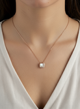 Women’s Square Halo Pendant 925 Sterling Silver Chain – Rose-Gold Pearl & CZ Elegance